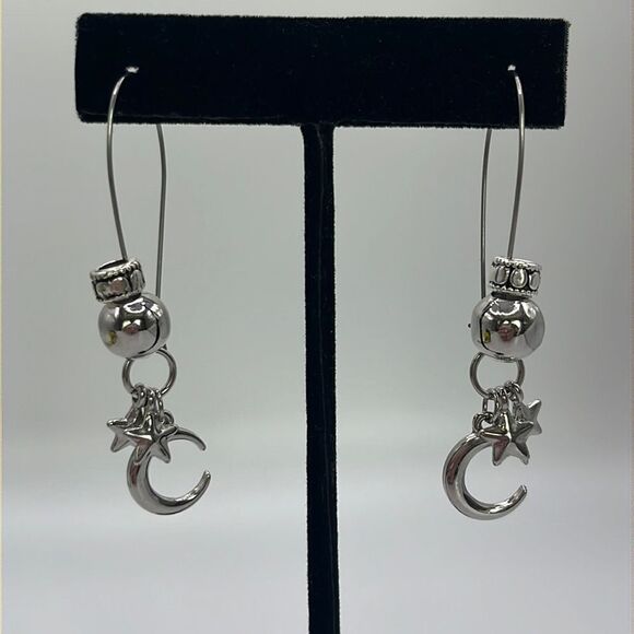 Silver-tone Dangle Drop Wire Back Earrings Beads Star Moon Charms - Picture 1 of 12